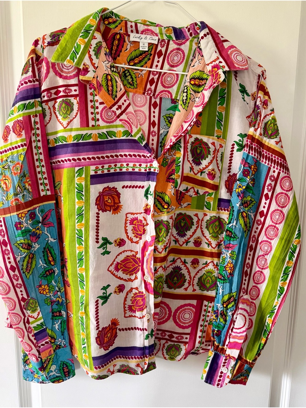 Vintage-Inspired Multicolor Button-Down Shirt - Bright Floral Patchwork